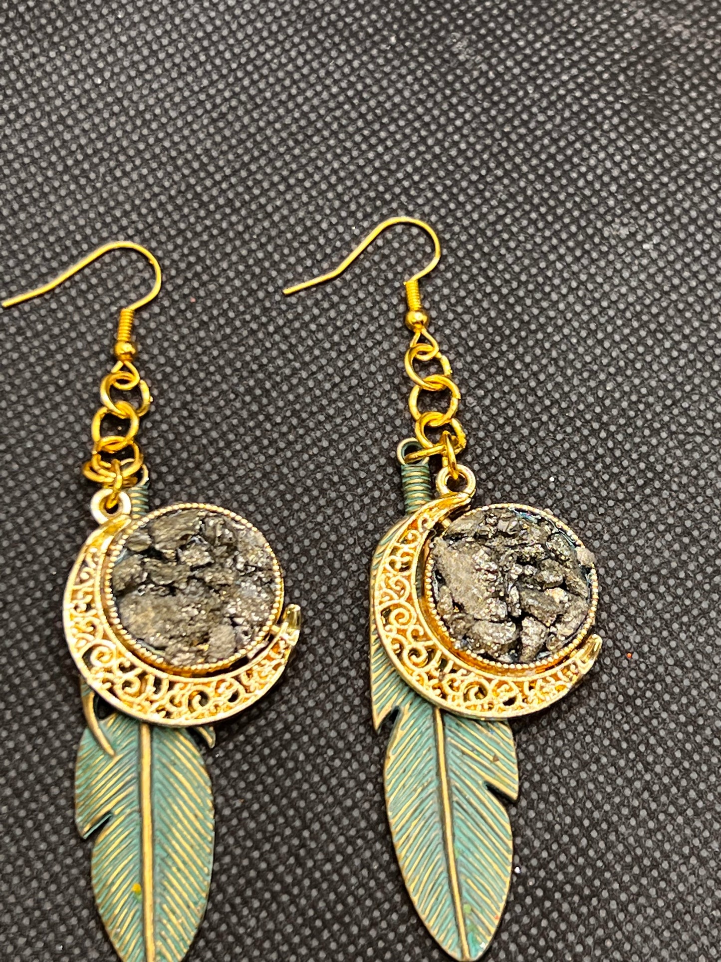 Pyrite Moon Feather Earrings