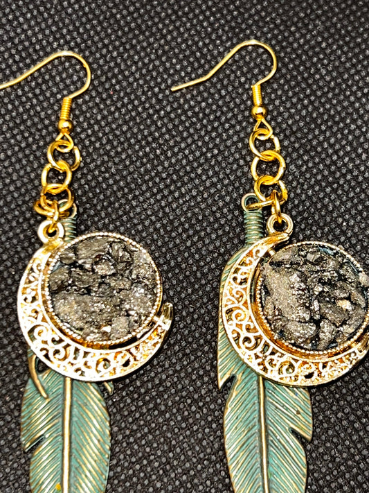 Pyrite Moon Feather Earrings