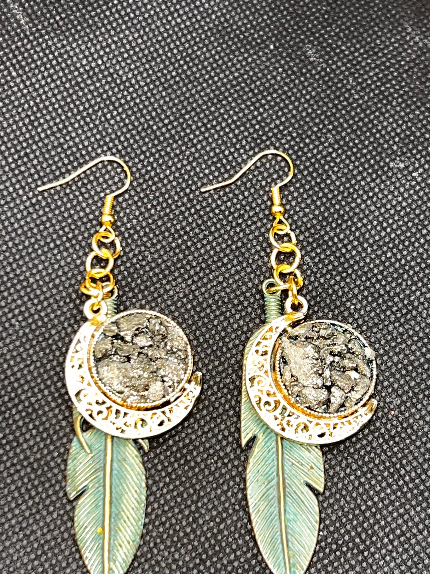 Pyrite Moon Feather Earrings